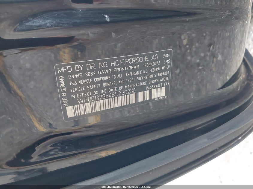 2006 Porsche Boxster S VIN: WP0CB29846S730230 Lot: 45636089