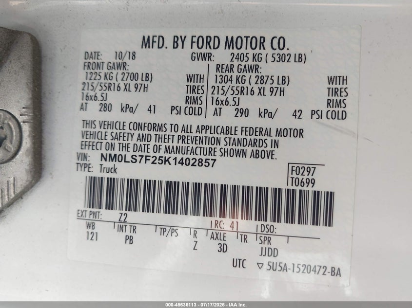 2019 Ford Transit Connect Xlt VIN: NM0LS7F25K1402857 Lot: 45636113