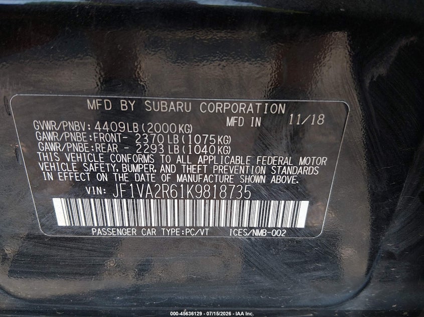 2019 Subaru Wrx Sti VIN: JF1VA2R61K9818735 Lot: 45636129