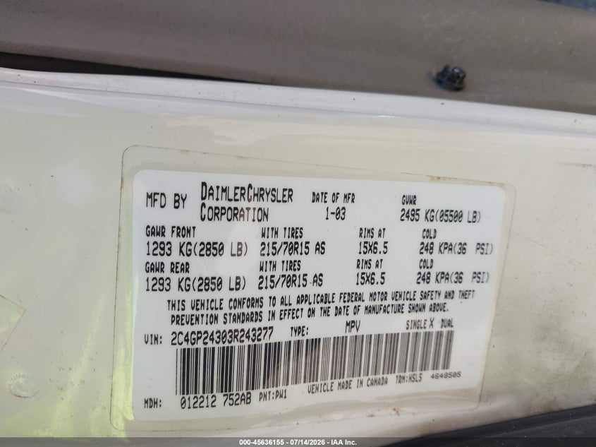 2003 Chrysler Town & Country VIN: 2C4GP24303R243277 Lot: 45636155