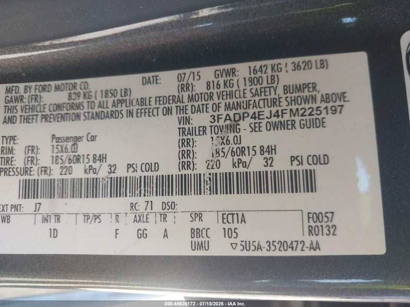 2015 Ford Fiesta Se VIN: 3FADP4EJ4FM225197 Lot: 45636172