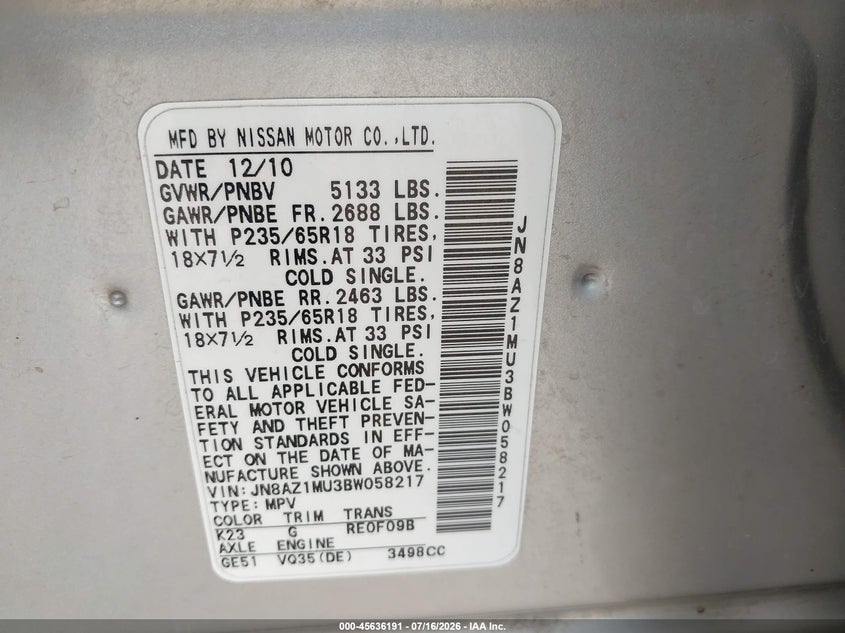 2011 Nissan Murano Sl VIN: JN8AZ1MU3BW058217 Lot: 45636191