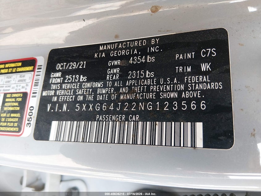 2022 Kia K5 Gt-Line VIN: 5XXG64J22NG123566 Lot: 45636215