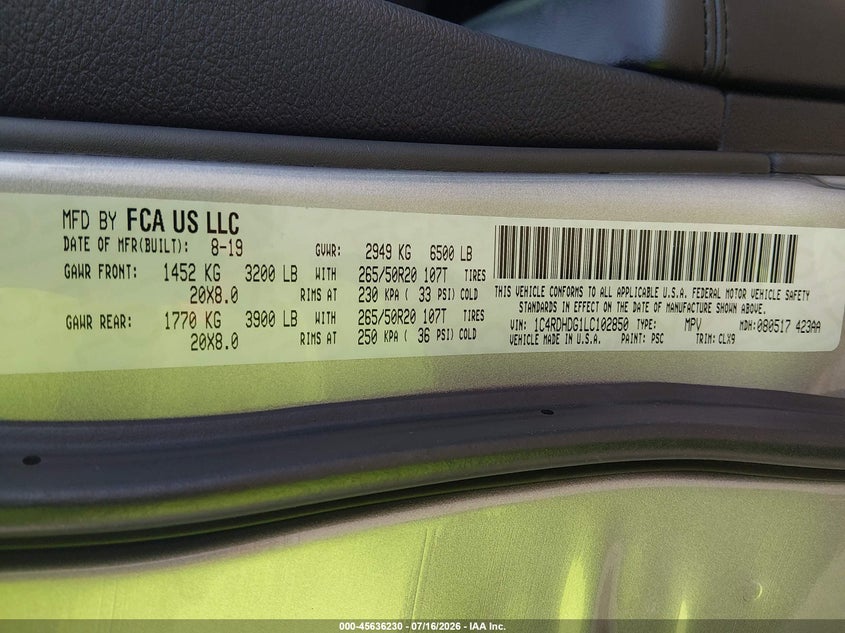 2020 Dodge Durango Gt Plus Rwd VIN: 1C4RDHDG1LC102850 Lot: 45636230