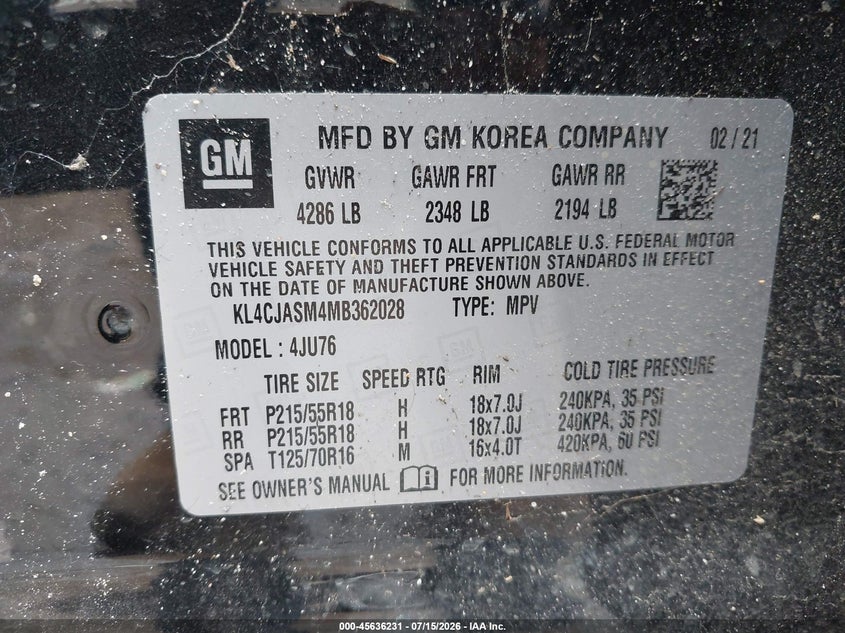 2021 Buick Encore Fwd Preferred VIN: KL4CJASM4MB362028 Lot: 45636231