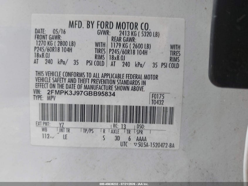 2016 Ford Edge Sel VIN: 2FMPK3J97GBB95834 Lot: 45636232