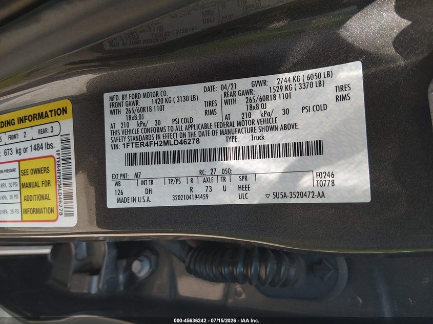 2021 Ford Ranger Lariat VIN: 1FTER4FH2MLD46278 Lot: 45636242