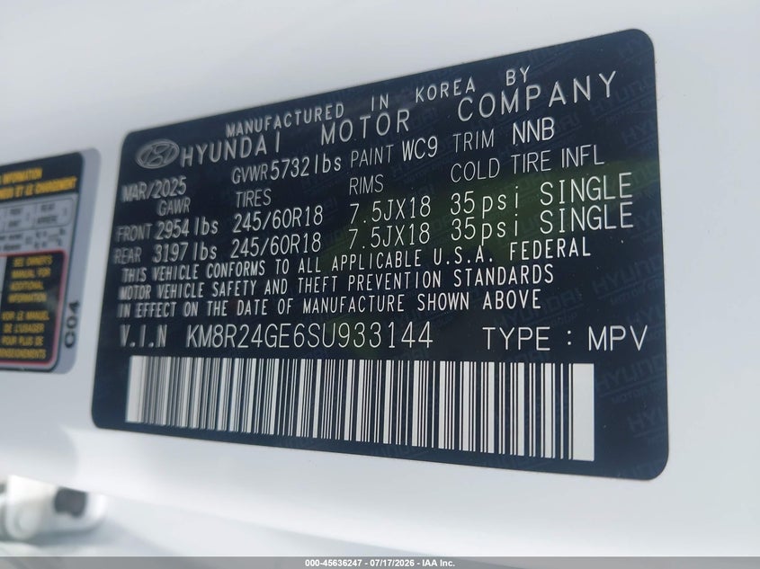 2025 Hyundai Palisade Sel VIN: KM8R24GE6SU933144 Lot: 45636247