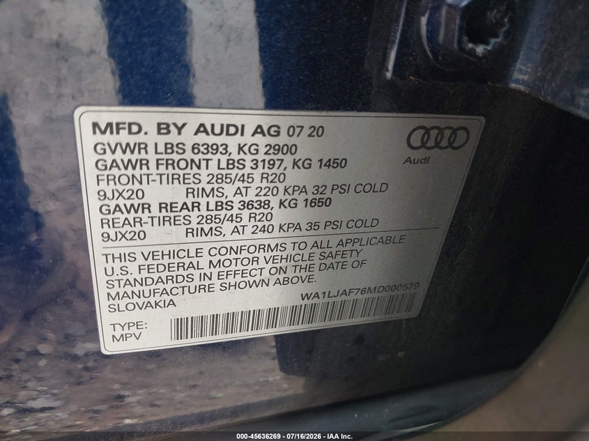 2021 Audi Q7 Premium Plus VIN: WA1LJAF76MD000579 Lot: 45636269