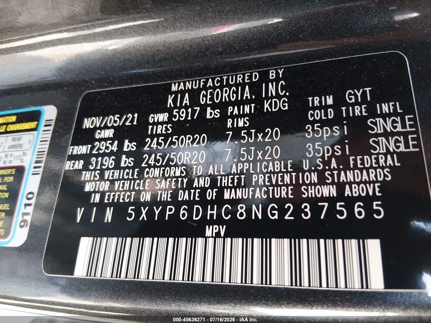 2022 Kia Telluride S VIN: 5XYP6DHC8NG237565 Lot: 45636271