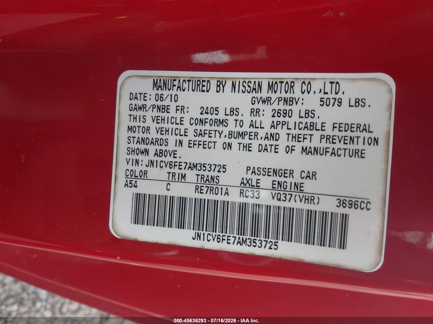 2010 Infiniti G37 VIN: JN1CV6FE7AM353725 Lot: 45636293