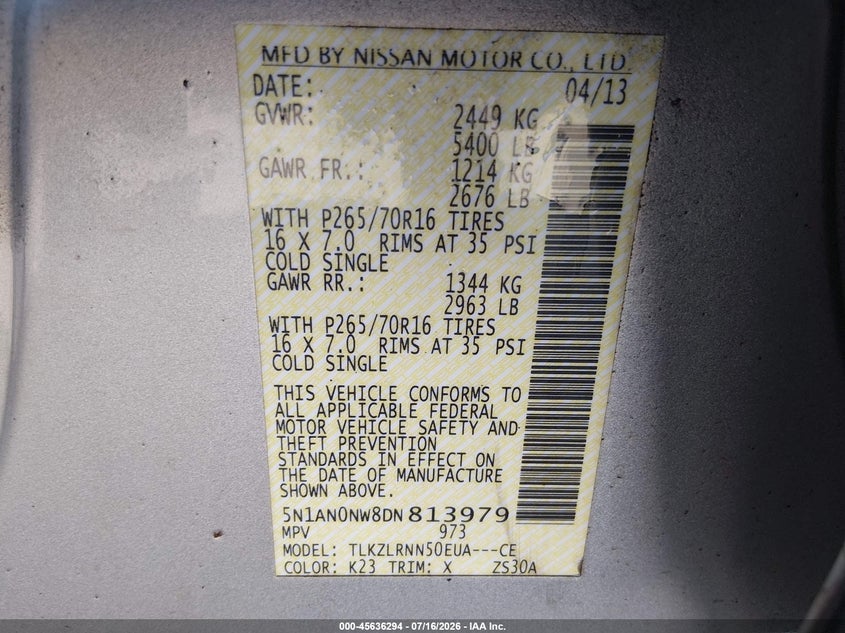 2013 Nissan Xterra S VIN: 5N1AN0NW8DN813979 Lot: 45636294