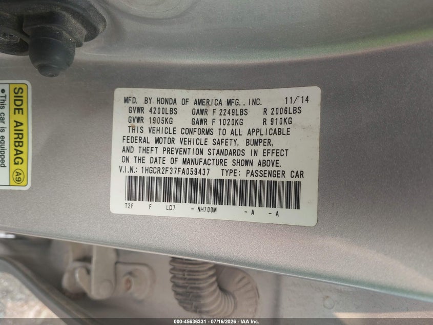 2015 HONDA ACCORD SEDAN 2.4L I-4 DI, DOHC, VVT, 185HP