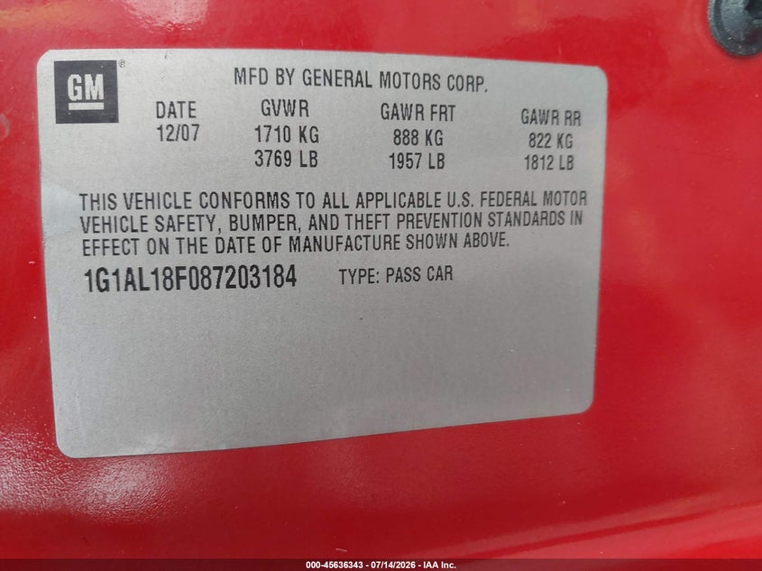 2008 Chevrolet Cobalt Lt VIN: 1G1AL18F087203184 Lot: 45636343