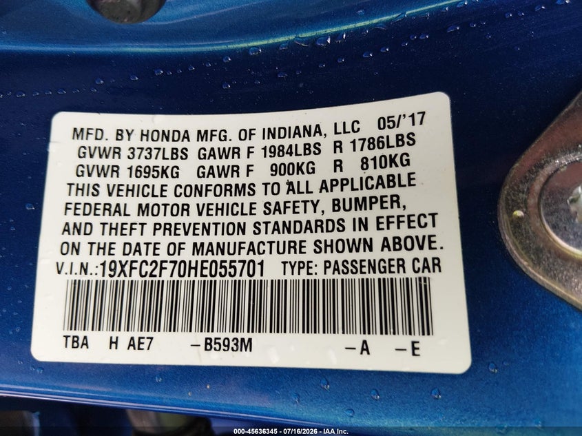 2017 HONDA CIVIC SEDAN 2.0L I-4 DOHC, VVT, 158HP