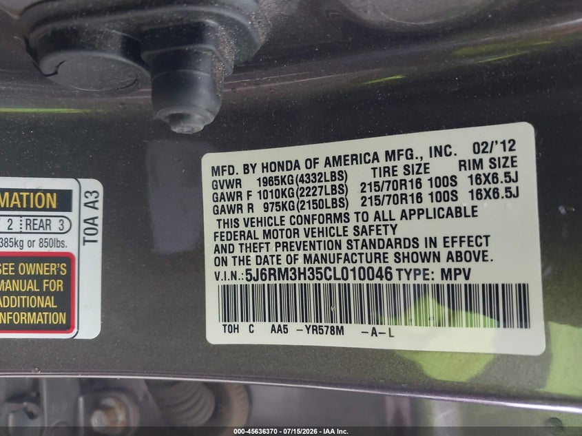 2012 HONDA CR-V SPORT UTILITY VEHICLE 2.4L I-4 DOHC, VVT, 185HP