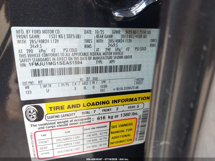 2025 Ford Expedition Platinum VIN: 1FMJU1MG1SEA51594 Lot: 45636387