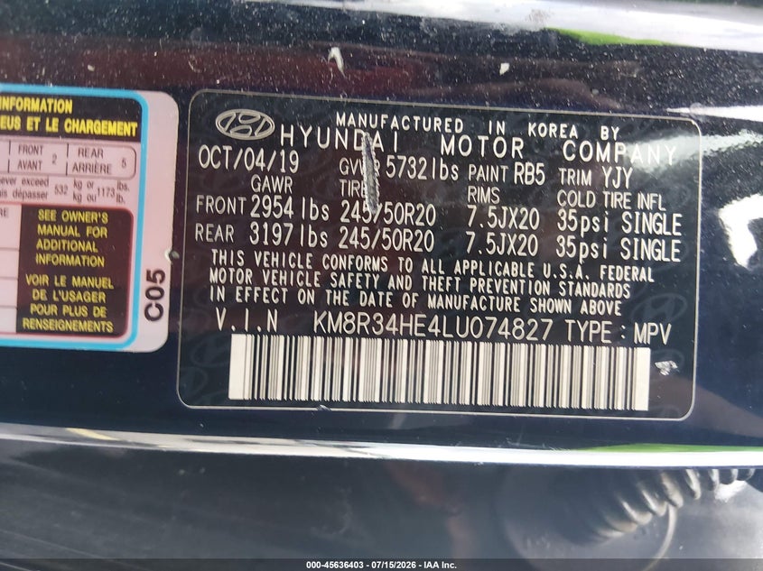 2020 Hyundai Palisade Sel VIN: KM8R34HE4LU074827 Lot: 45636403