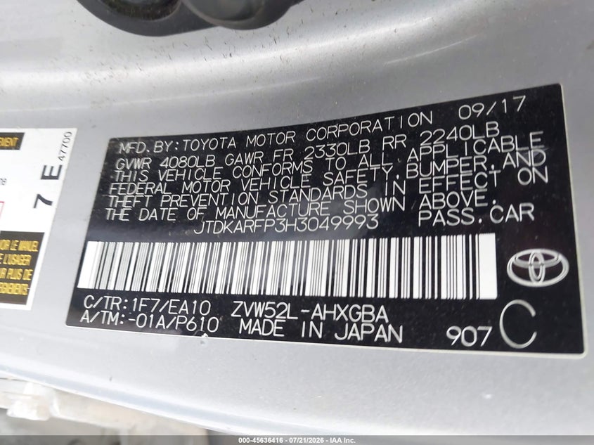 2017 Toyota Prius Prime Premium VIN: JTDKARFP3H3049993 Lot: 45636416