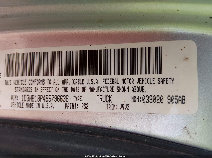 2009 Dodge Ram 1500 Slt/Sport/Trx VIN: 1D3HB18P49S796636 Lot: 45636432