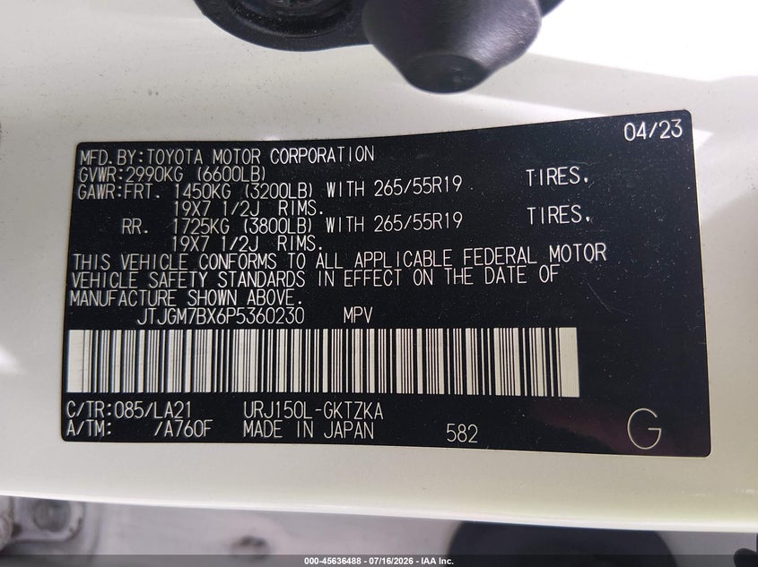 2023 Lexus Gx 460 Luxury VIN: JTJGM7BX6P5360230 Lot: 45636488