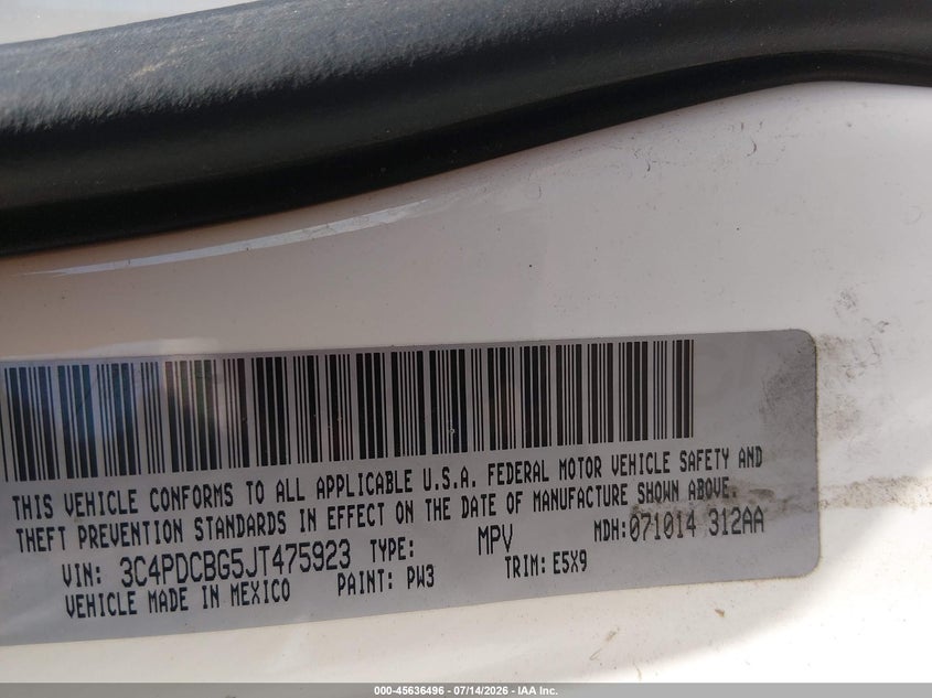 2018 Dodge Journey Sxt VIN: 3C4PDCBG5JT475923 Lot: 45636496