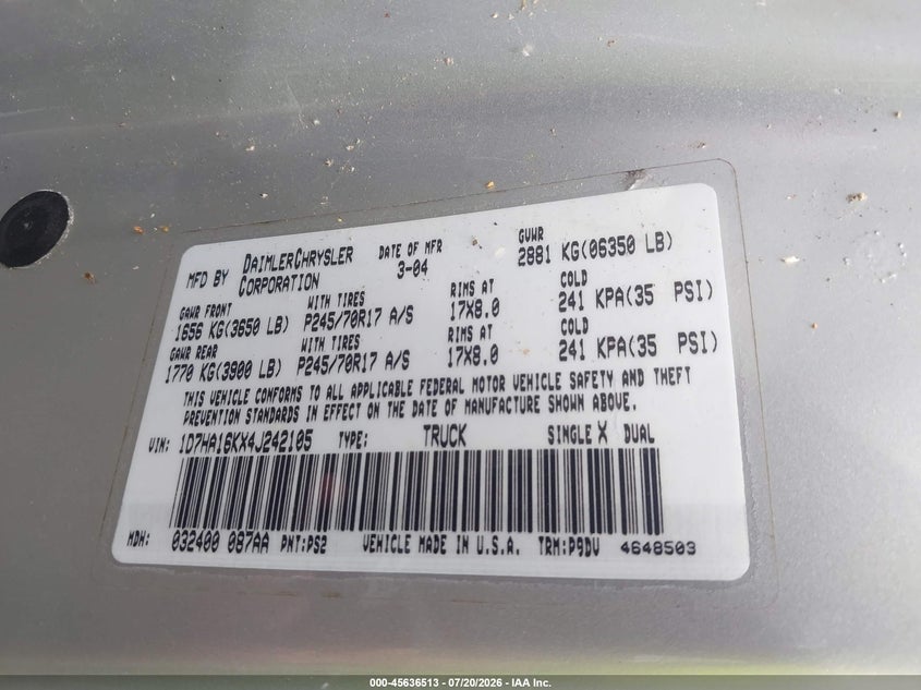 2004 Dodge Ram 1500 St VIN: 1D7HA16KX4J242105 Lot: 45636513