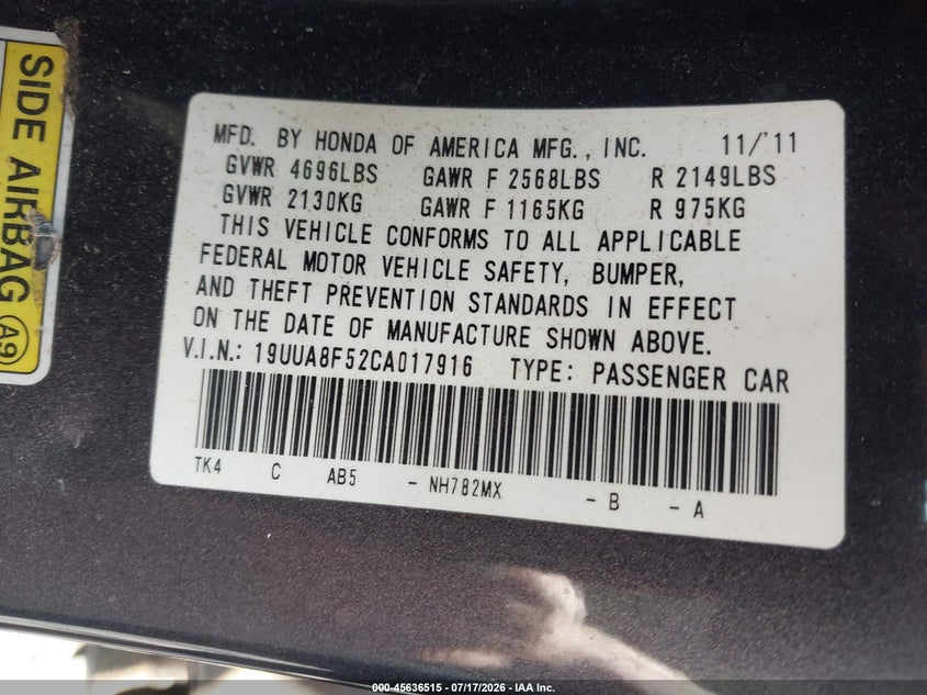 2012 Acura Tl 3.5 VIN: 19UUA8F52CA017916 Lot: 45636515