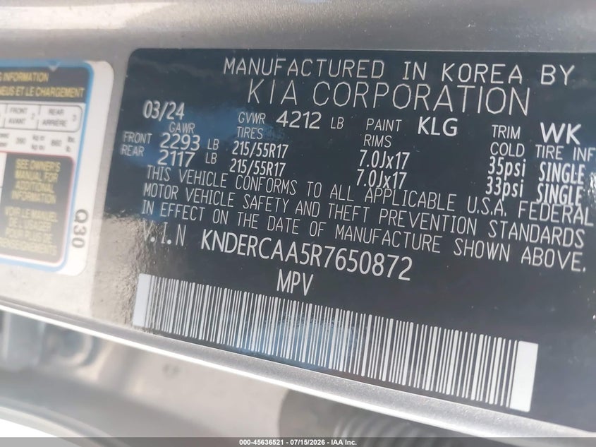 2024 Kia Seltos Ex VIN: KNDERCAA5R7650872 Lot: 45636521