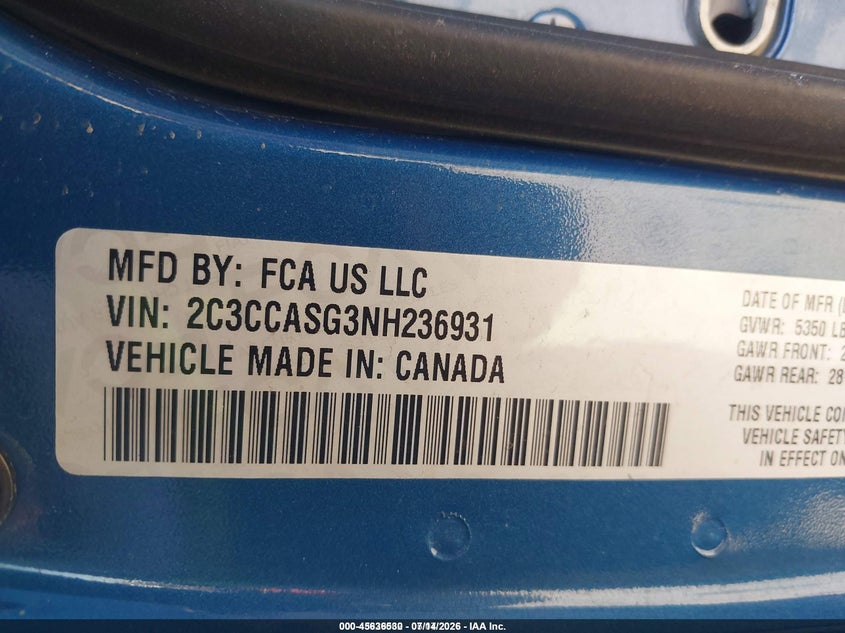 2022 Chrysler 300 Touring L Awd VIN: 2C3CCASG3NH236931 Lot: 45636530
