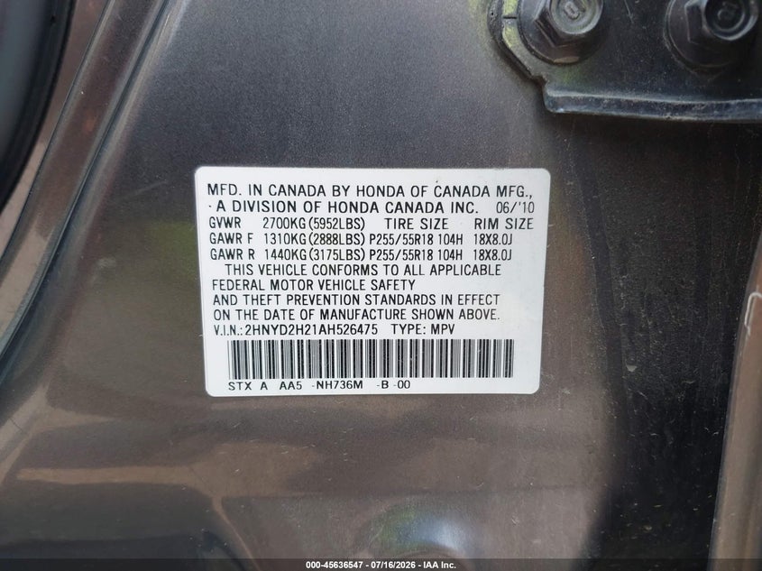 2010 Acura Mdx VIN: 2HNYD2H21AH526475 Lot: 45636547