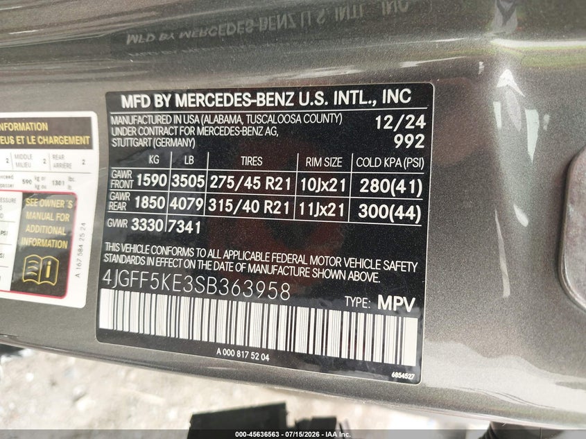 2025 Mercedes-Benz Gls 450 4Matic VIN: 4JGFF5KE3SB363958 Lot: 45636563