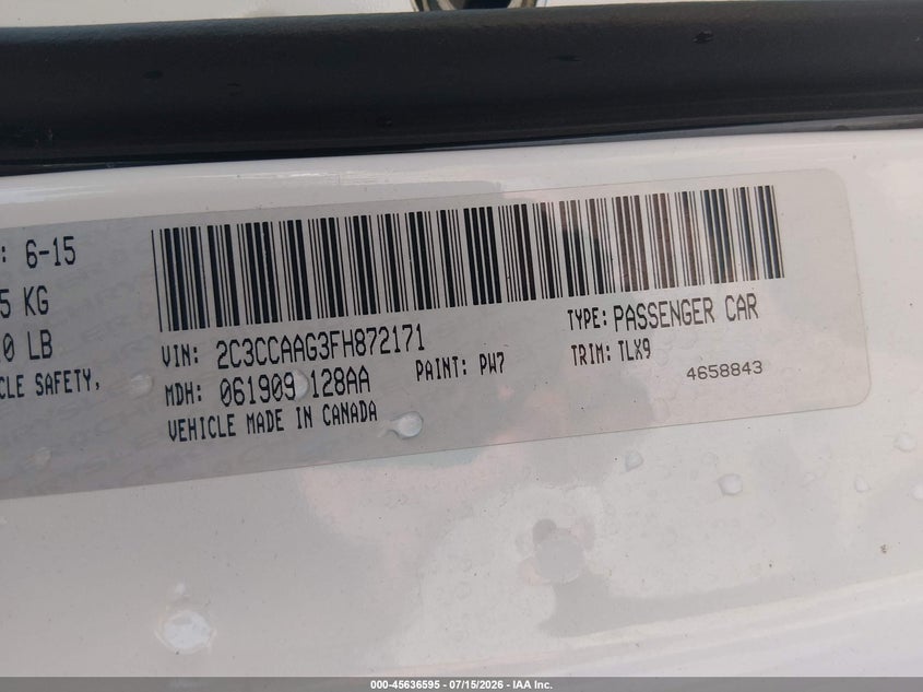 2015 Chrysler 300 Limited VIN: 2C3CCAAG3FH872171 Lot: 45636595