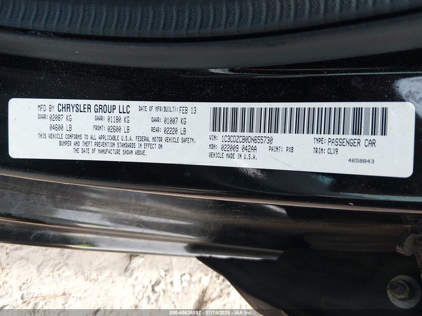 2013 Dodge Avenger Sxt VIN: 1C3CDZCB0DN655730 Lot: 45636597