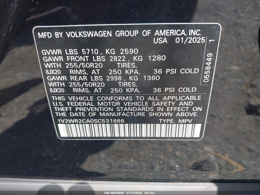2025 Volkswagen Atlas 2.0T Se W/Technology VIN: 1V2WR2CA0SC531666 Lot: 45636598