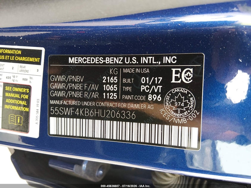 2017 Mercedes-Benz C 300 4Matic/Luxury 4Matic/Sport 4Matic VIN: 55SWF4KB6HU206336 Lot: 45636607