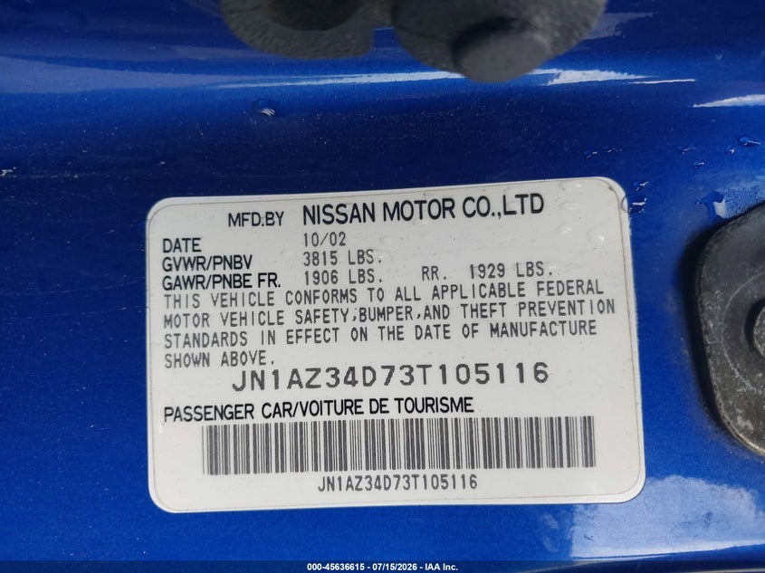 2003 Nissan 350Z Touring VIN: JN1AZ34D73T105116 Lot: 45636615