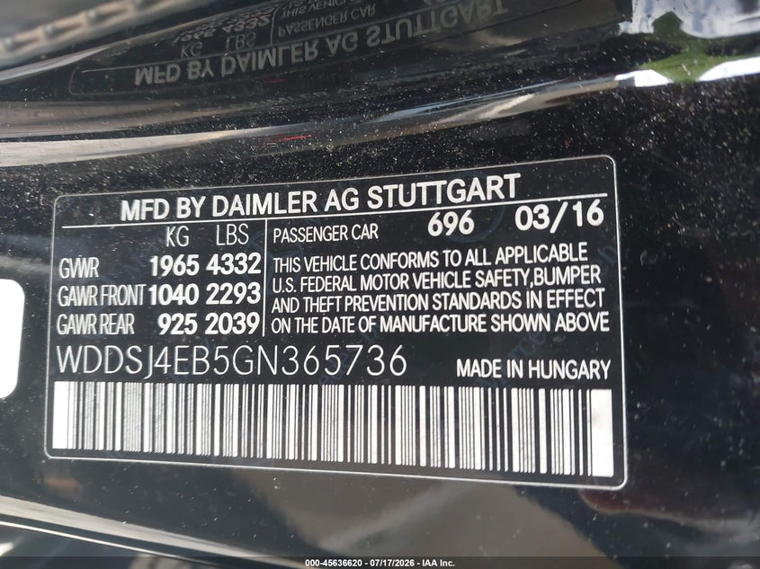2016 Mercedes-Benz Cla 250 VIN: WDDSJ4EB5GN365736 Lot: 45636620