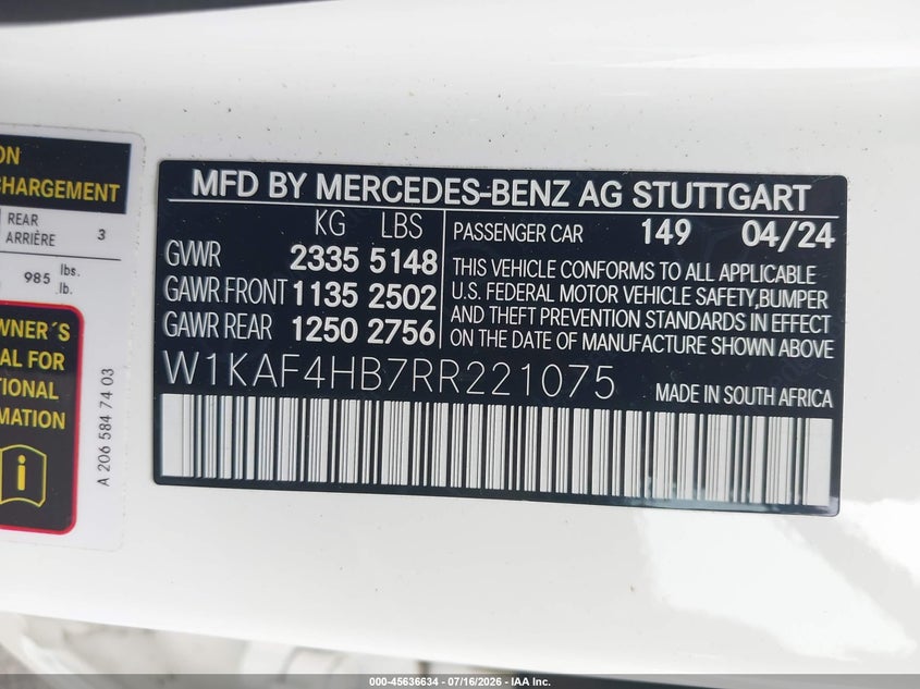 2024 Mercedes-Benz C 300 VIN: W1KAF4HB7RR221075 Lot: 45636634