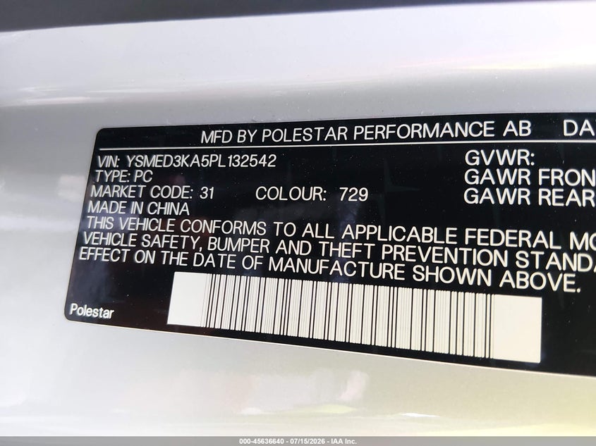 2023 Polestar 2 Long Range Dual Motor/Long Range Dual Motor Plus VIN: YSMED3KA5PL132542 Lot: 45636640