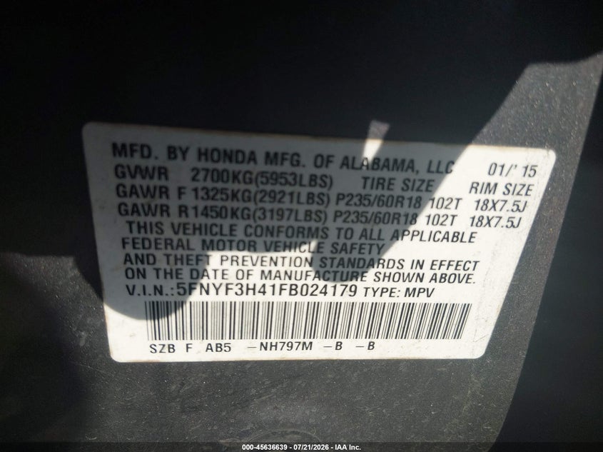 2015 Honda Pilot Ex VIN: 5FNYF3H41FB024179 Lot: 45636639