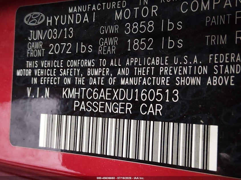 2013 Hyundai Veloster Turbo W/Black VIN: KMHTC6AEXDU160513 Lot: 45636660