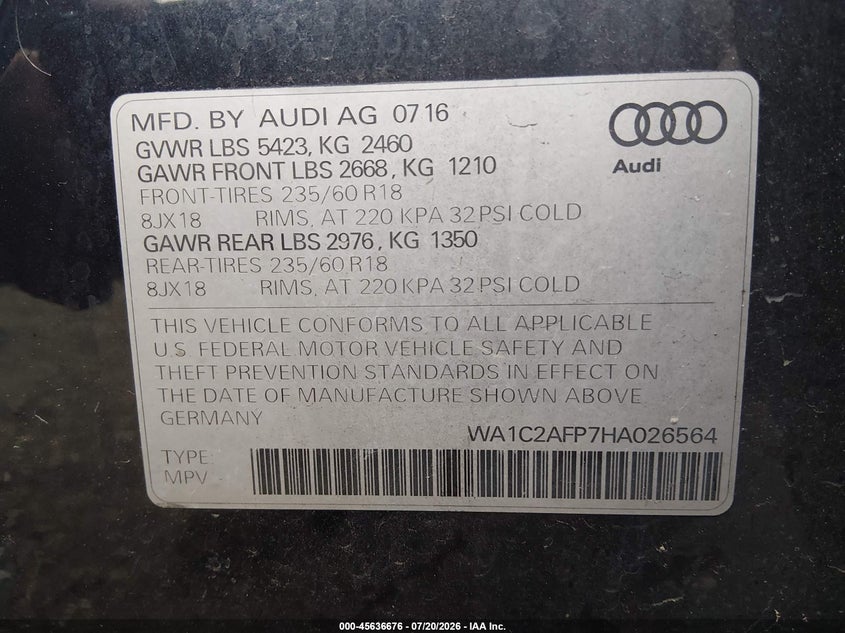 2017 Audi Q5 2.0T Premium VIN: WA1C2AFP7HA026564 Lot: 45636676