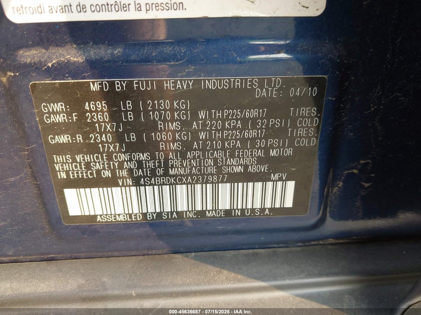 2010 SUBARU OUTBACK SPORT UTILITY VEHICLE 3.6L H-6 DOHC, VVT, 256HP