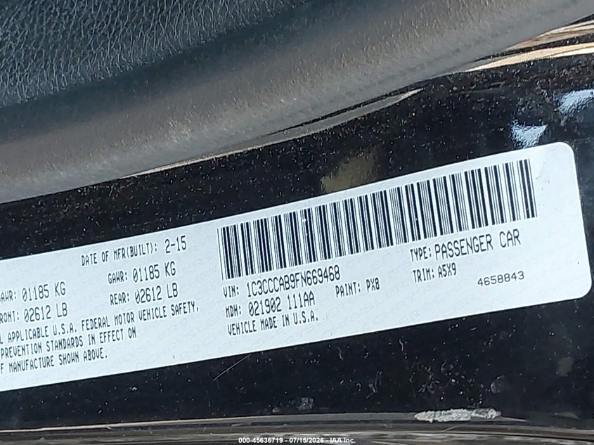 2015 Chrysler 200 Limited VIN: 1C3CCCAB9FN669468 Lot: 45636719