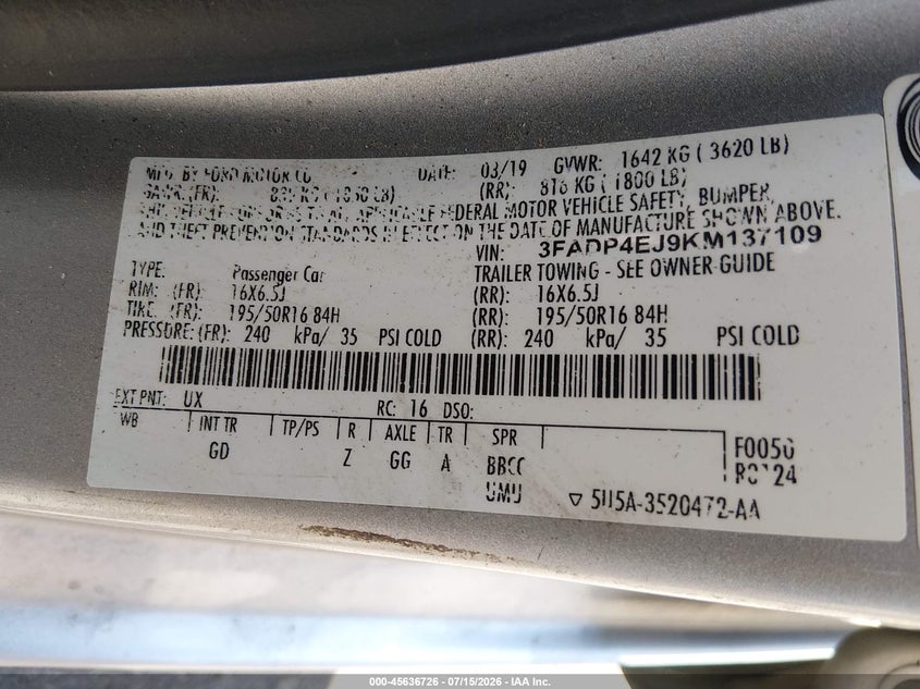 2019 Ford Fiesta Se VIN: 3FADP4EJ9KM137109 Lot: 45636726
