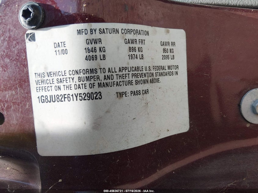 2001 Saturn Lw200 VIN: 1G8JU82F61Y529023 Lot: 45636731