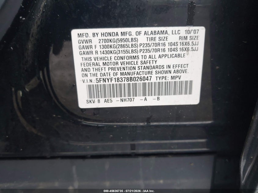 2008 Honda Pilot Se VIN: 5FNYF18378B026047 Lot: 45636735