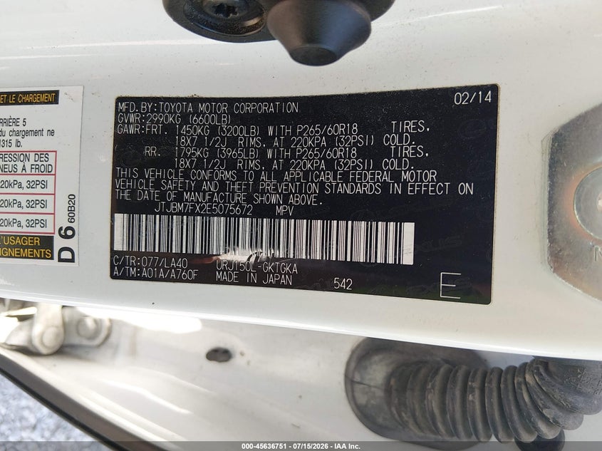 2014 Lexus Gx 460 VIN: JTJBM7FX2E5075672 Lot: 45636751