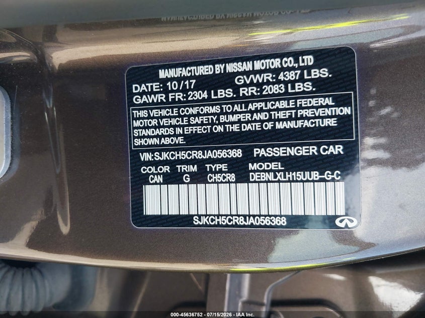 2018 Infiniti Qx30 Luxury VIN: SJKCH5CR8JA056368 Lot: 45636752